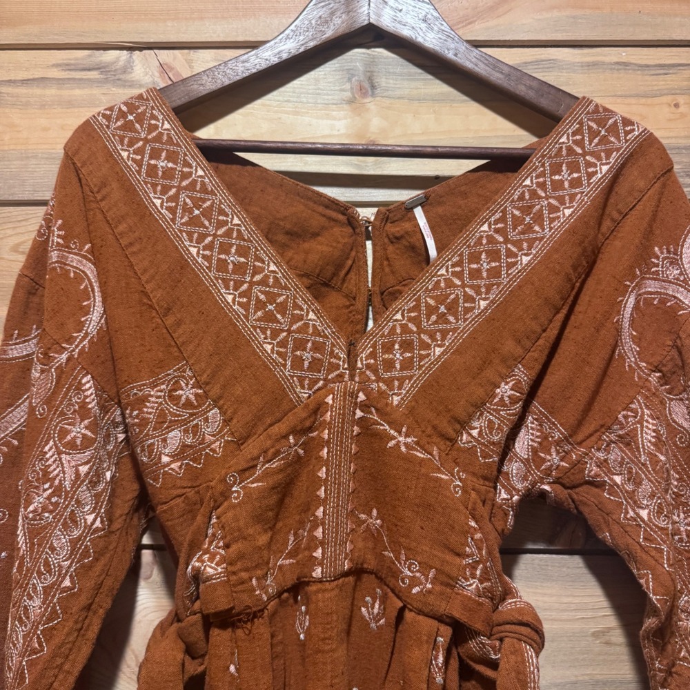 Free People Azalia Rust Brown Embroidered Long‎ Sleeve Romper Boho Small - Picture 2 of 8